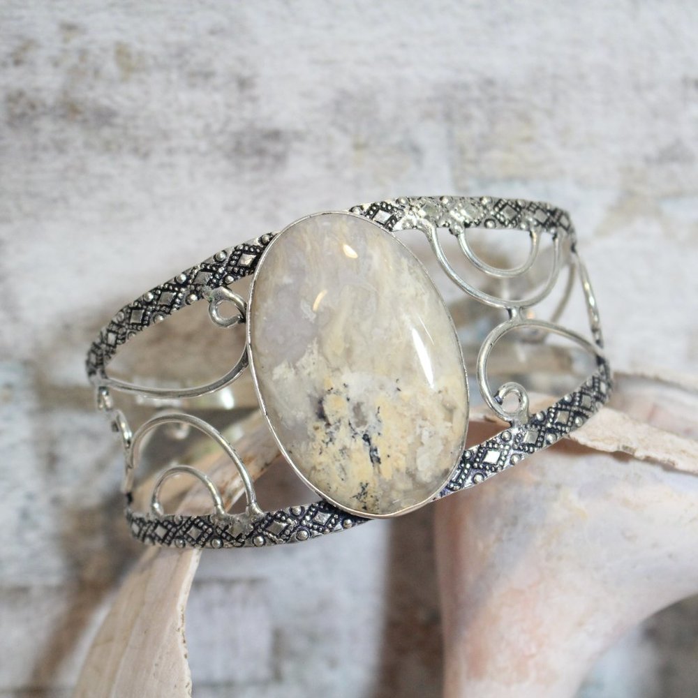 💎Sterling Scrolled Dendritic Opal Paved Bangle Bracelet💎